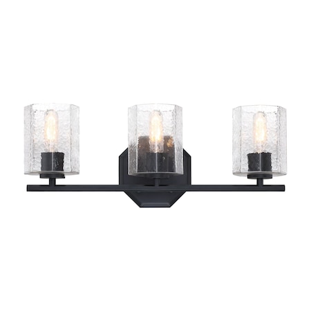 Designers Fountain Haven 24 in. 3-Light Matte Black Vanity Light with Clear Rippled Glass Shades for Bathrooms D309M-3B-MB